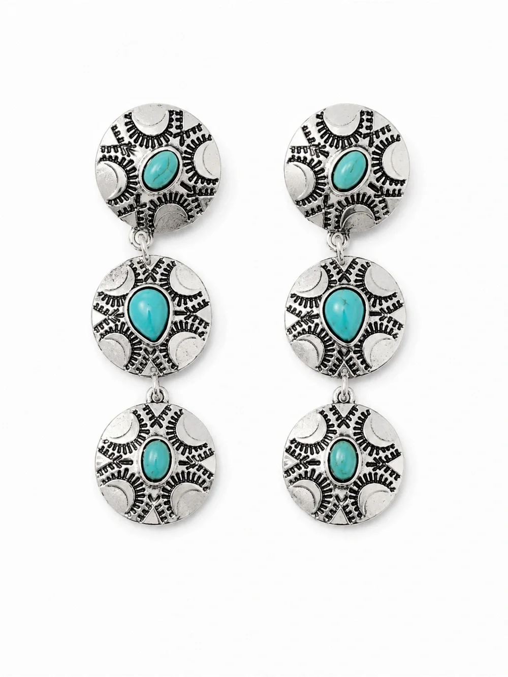 Southwest Style Turquoise Look Triple Drop Earrings Silver Toned Concho